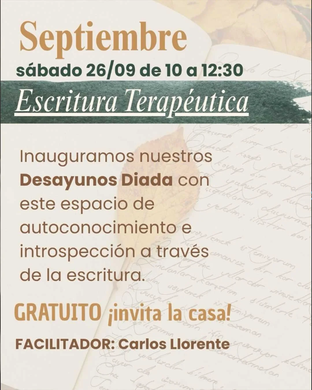Cartel del Taller de Escritura Terapéutica con Diada Psicología